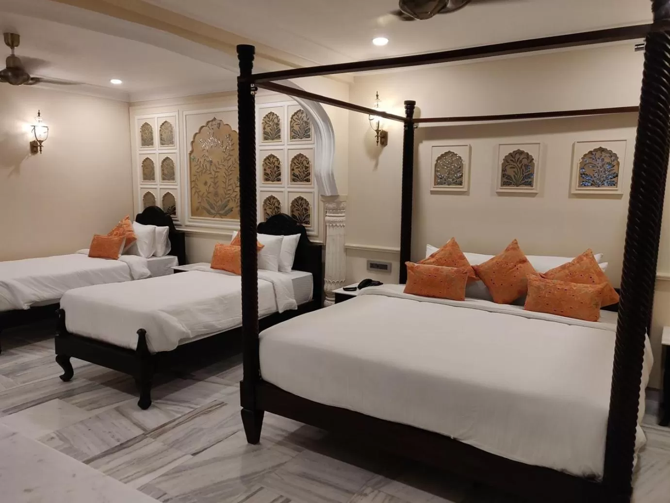 Family Room: Enjoy Happy Hours with 2+1 offer, 20% off on F&B services,20% Off on Laundry service ,Free Pick up on Arrival only from Train or Bus station (8am-8pm) in Laxmi Palace Heritage Boutique Hotel