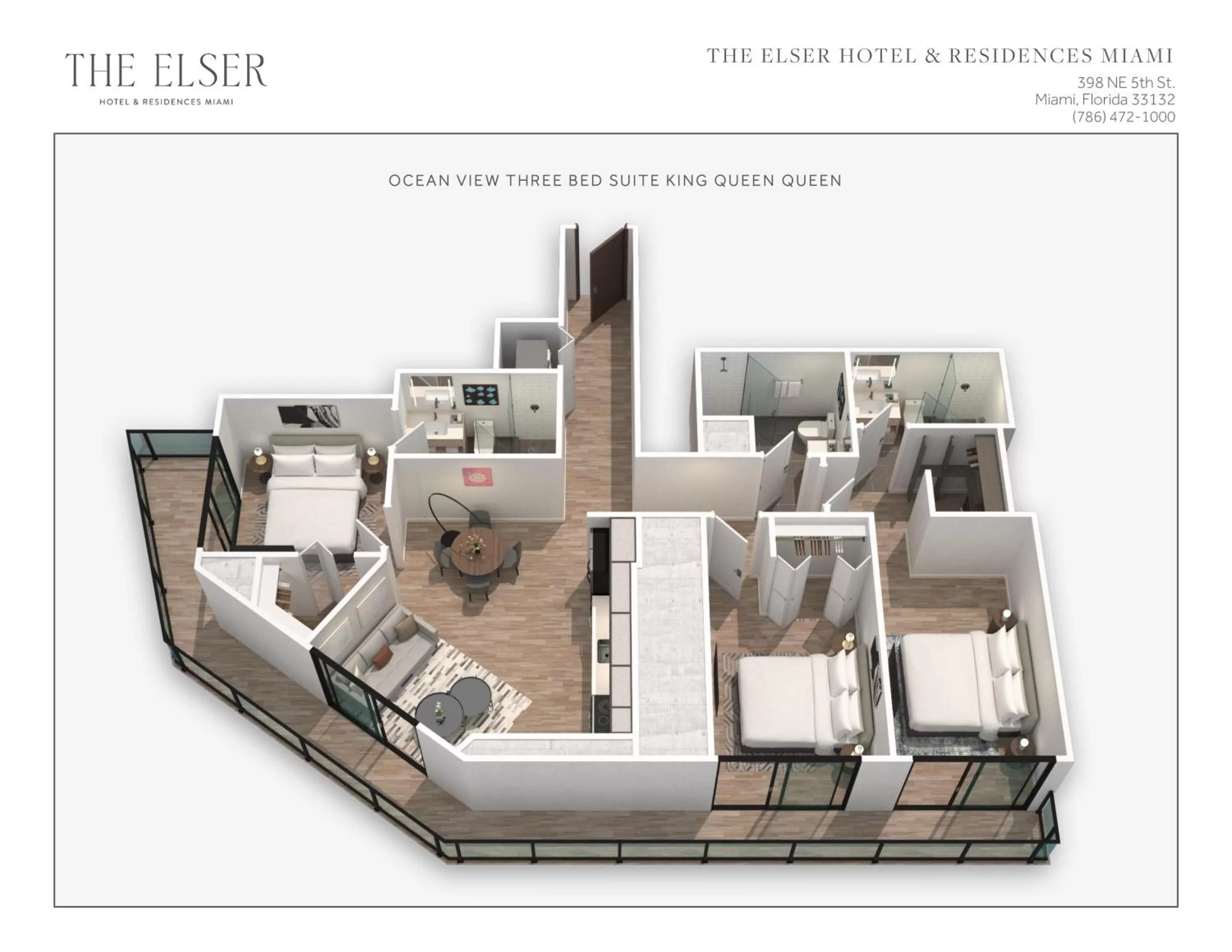 Ocean View Three Bedroom Suite with King/Queen/Queen in The Elser Hotel Miami - An All-Suite Hotel