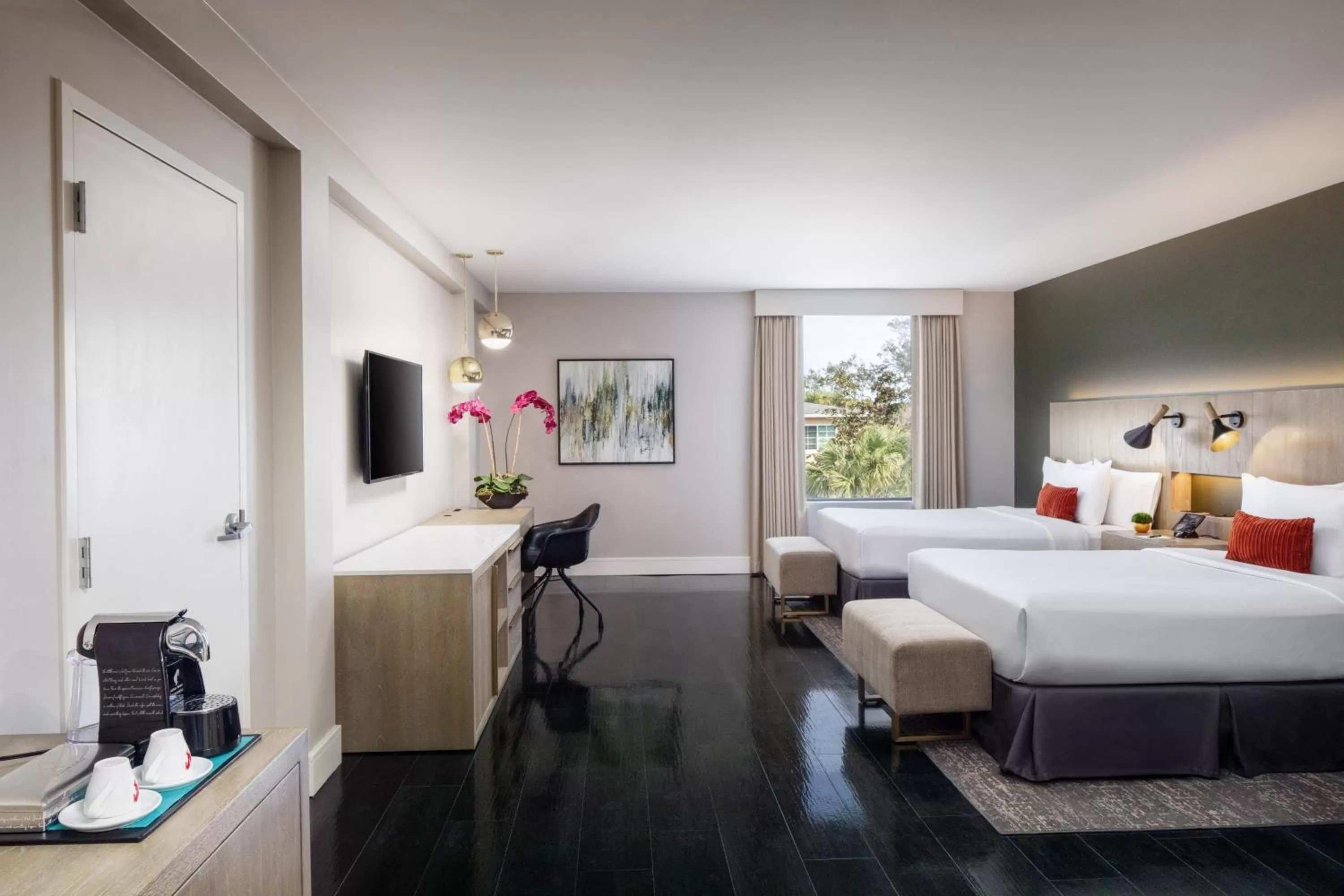 Plush Deluxe Double Queen Roll-In Shower in The Delaney Hotel