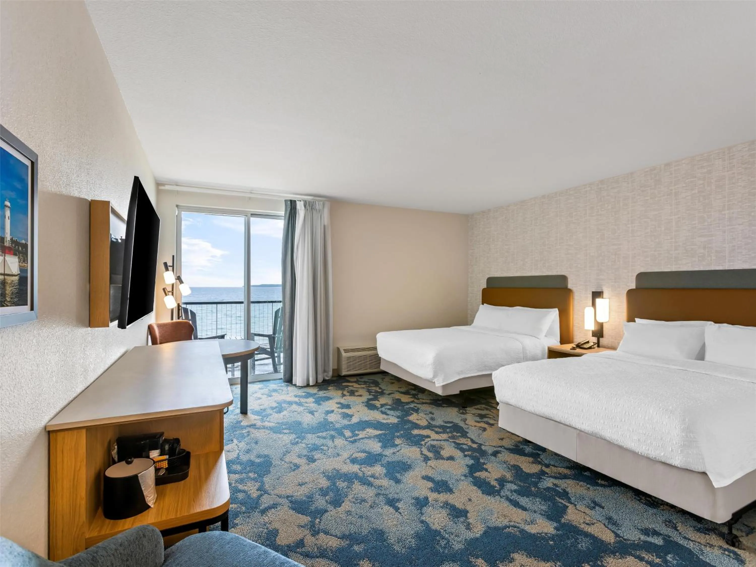 Queen Room with Two Queen Beds and Tub - Balcony - Hearing Accessible in Hampton Inn St Ignace Lakefront Mackinac