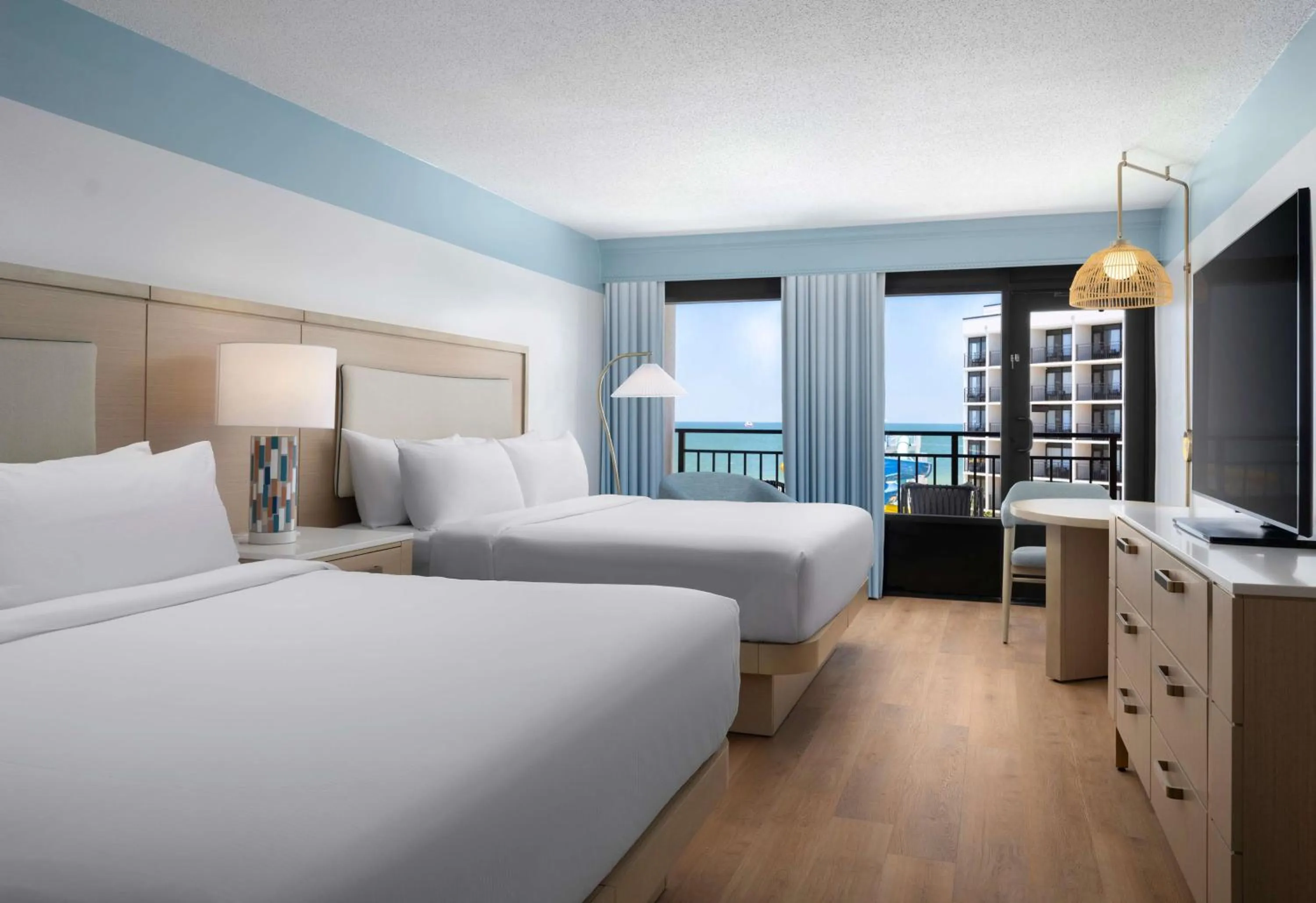 Queen Room with Two Queen Beds, Ocean View and Roll-in Shower - Mobility and Hearing Access in The Ellie Beach Resort Myrtle Beach, Tapestry By Hilton