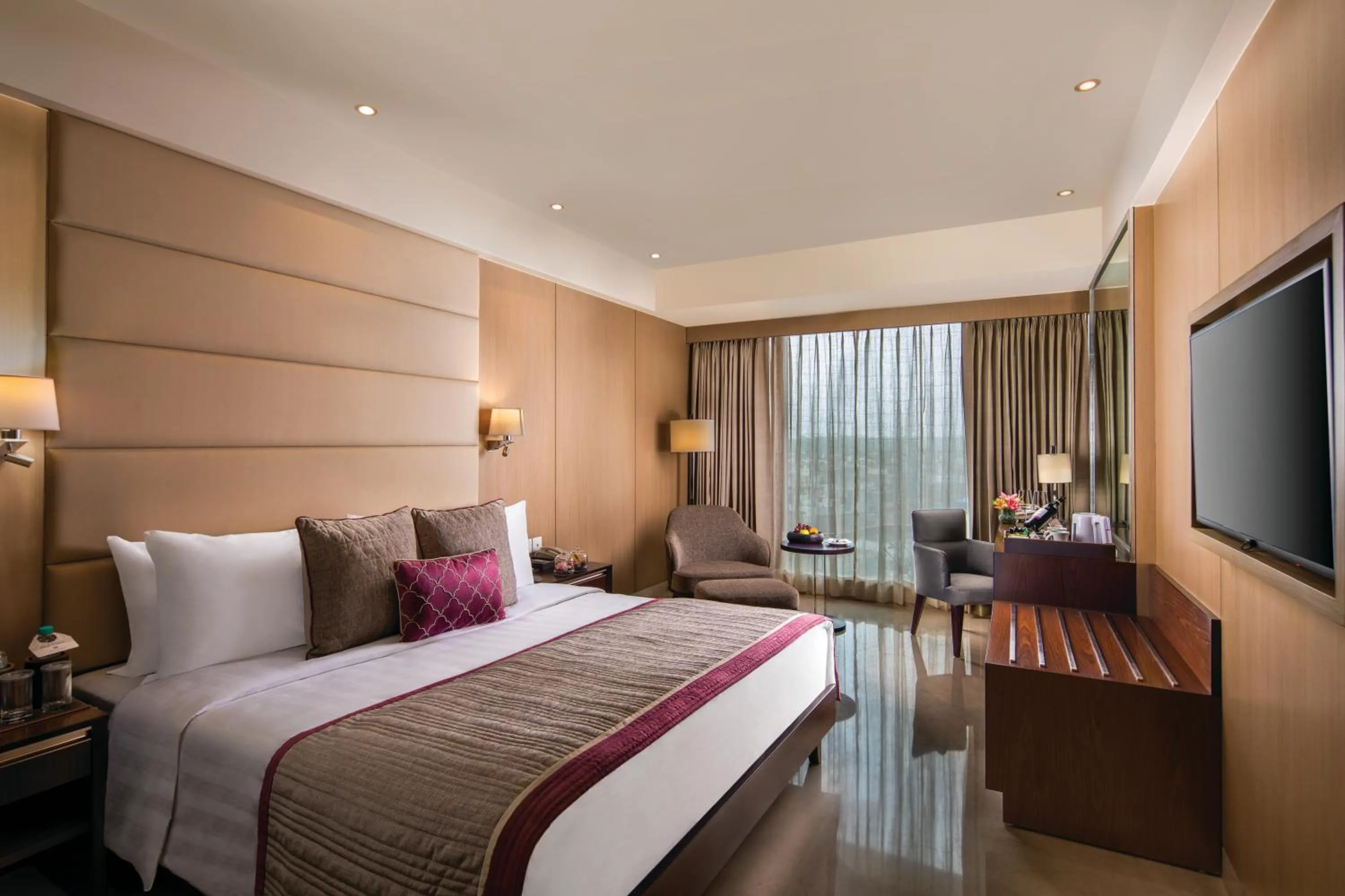 Executive Room with alcoholic / non - alcoholic house drinks , a platter of Fruits and Cookies , 01 way airport transfers, 10% off on food & soft beverages, complimentary sauna and steam once during the stay, ( early check in and late check out by 4 Hrs ) in Jaypee Siddharth