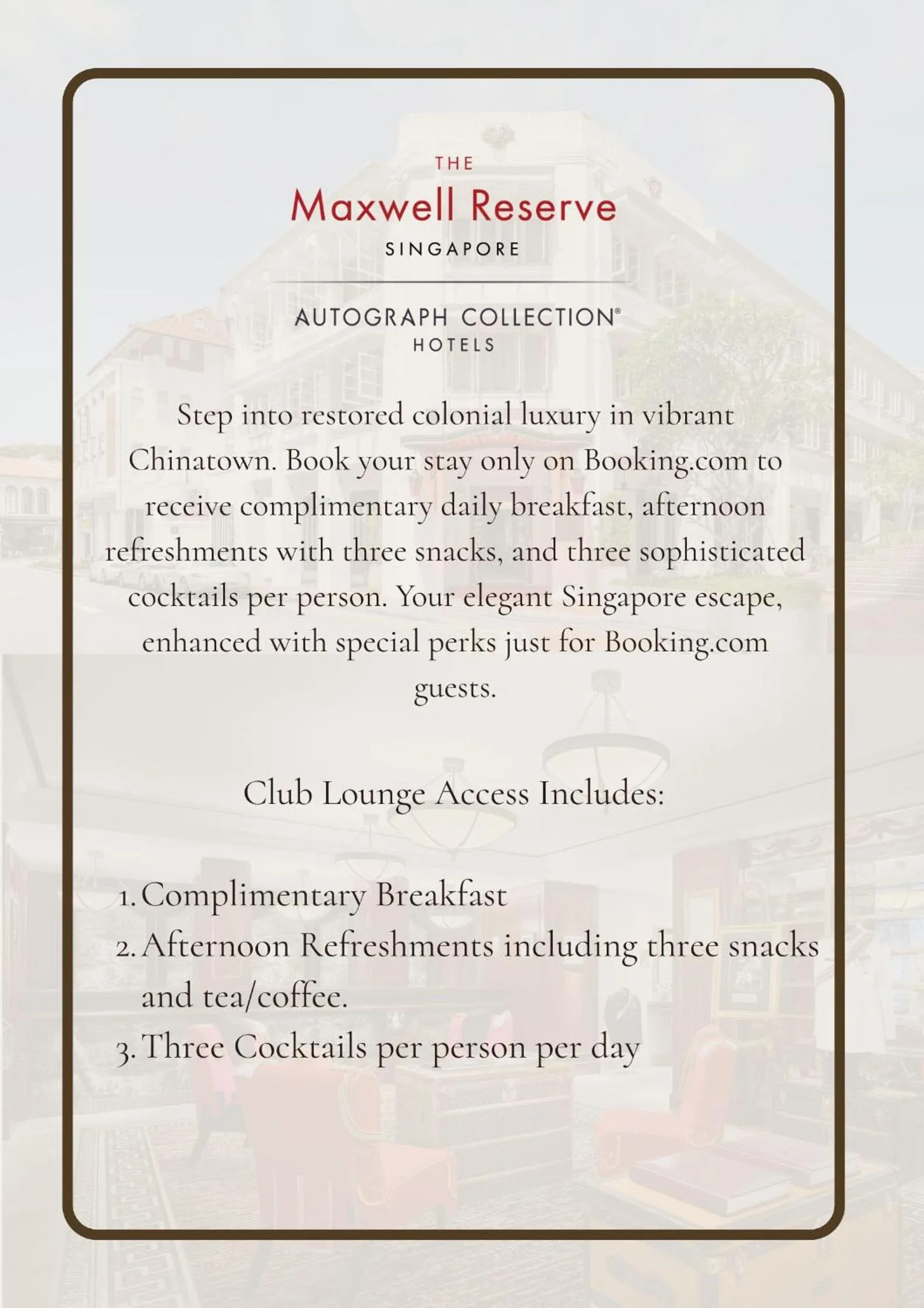 Le Colonial Room, Club Lounge Access, Evening Cocktails, Appetizers, Guest Room, 1 King in Maxwell Reserve Singapore, Autograph Collection