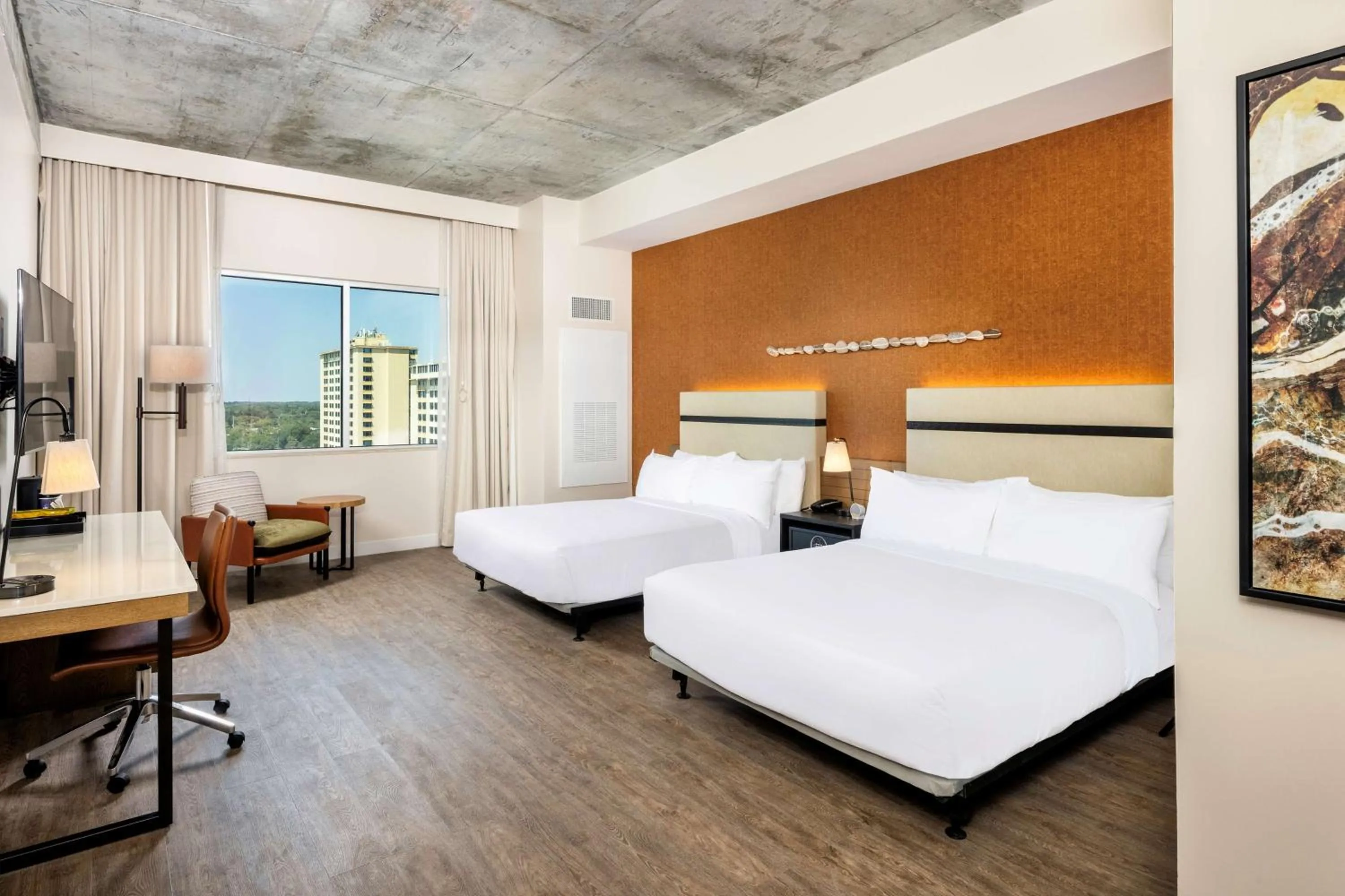 Queen Room with Two Queen Beds, City View and Roll-in Shower - Mobility and Hearing Access in Hotel Melby Downtown Melbourne Tapestry Collection By Hilton