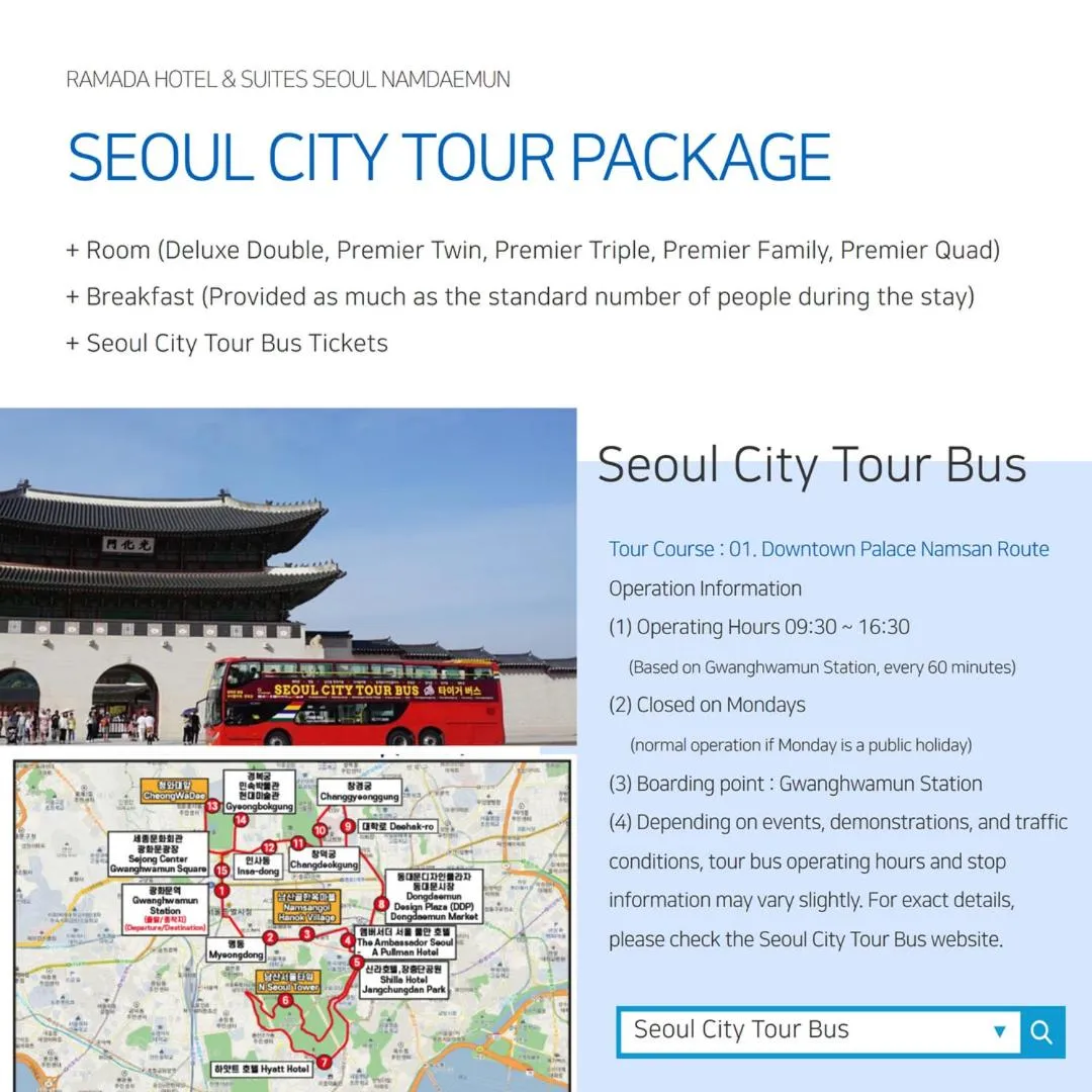 Premier Quadruple Room with Breakfast & Seoul City Tour bus Tickets in Ramada Hotel and Suites Seoul Namdaemun